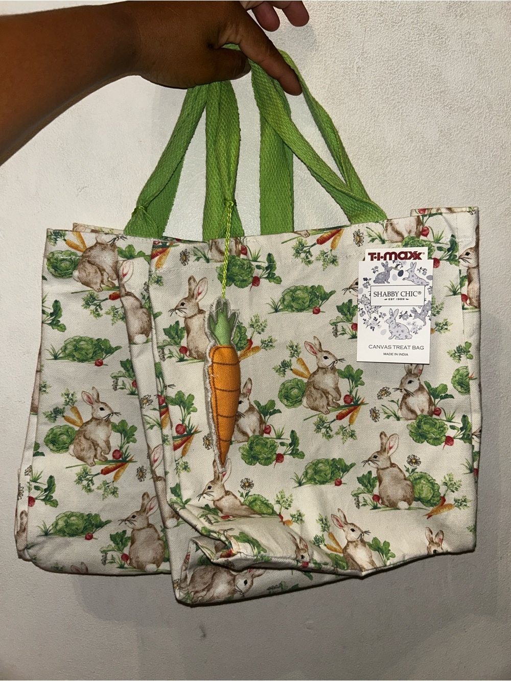 Bunny & Carrot Canvas Tote Bag with Green Handles 2pcs